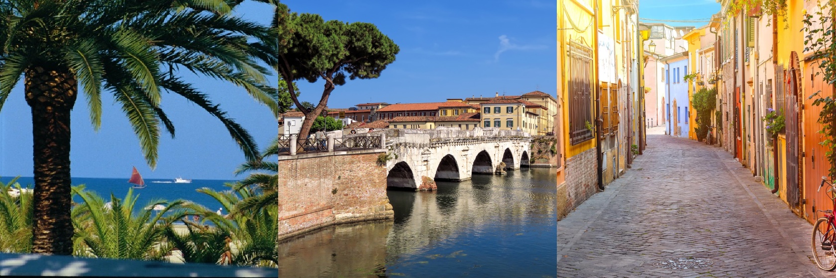 Rimini tre bilder av gatuvy och broar och palmer